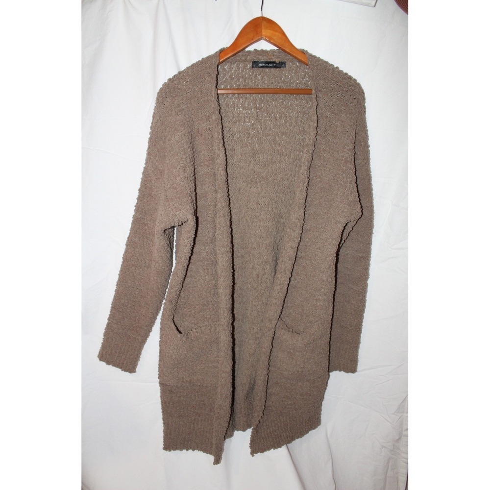 Merokeety Womens Popcorn Knit Cardigan Sweater Taupe Brown Open Front Pockets L